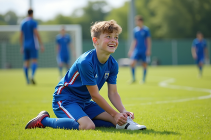 Jeune garçon de 13 ans en uniforme de football en train de lacer ses chaussures sur un terrain