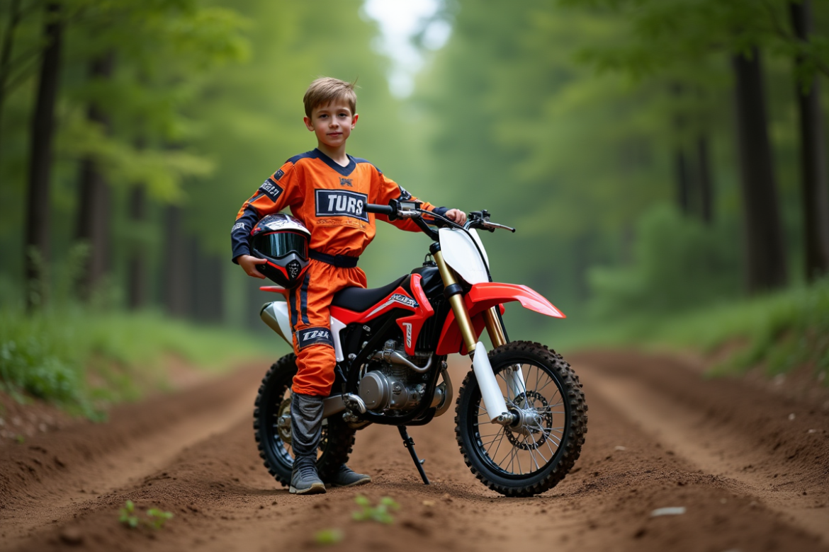 Garçon de 14 ans avec casque et moto tout-terrain