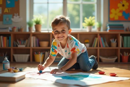 Garçon de 9 ans peignant dans une classe lumineuse