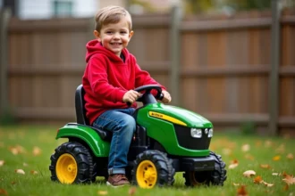 Garçon souriant en hoodie rouge sur un tracteur électrique