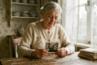 Une grand-mère âgée tenant une vieille photographie en noir et blanc dans une cuisine aux meubles anciens, évoquant la mémoire familiale et les liens entre générations
