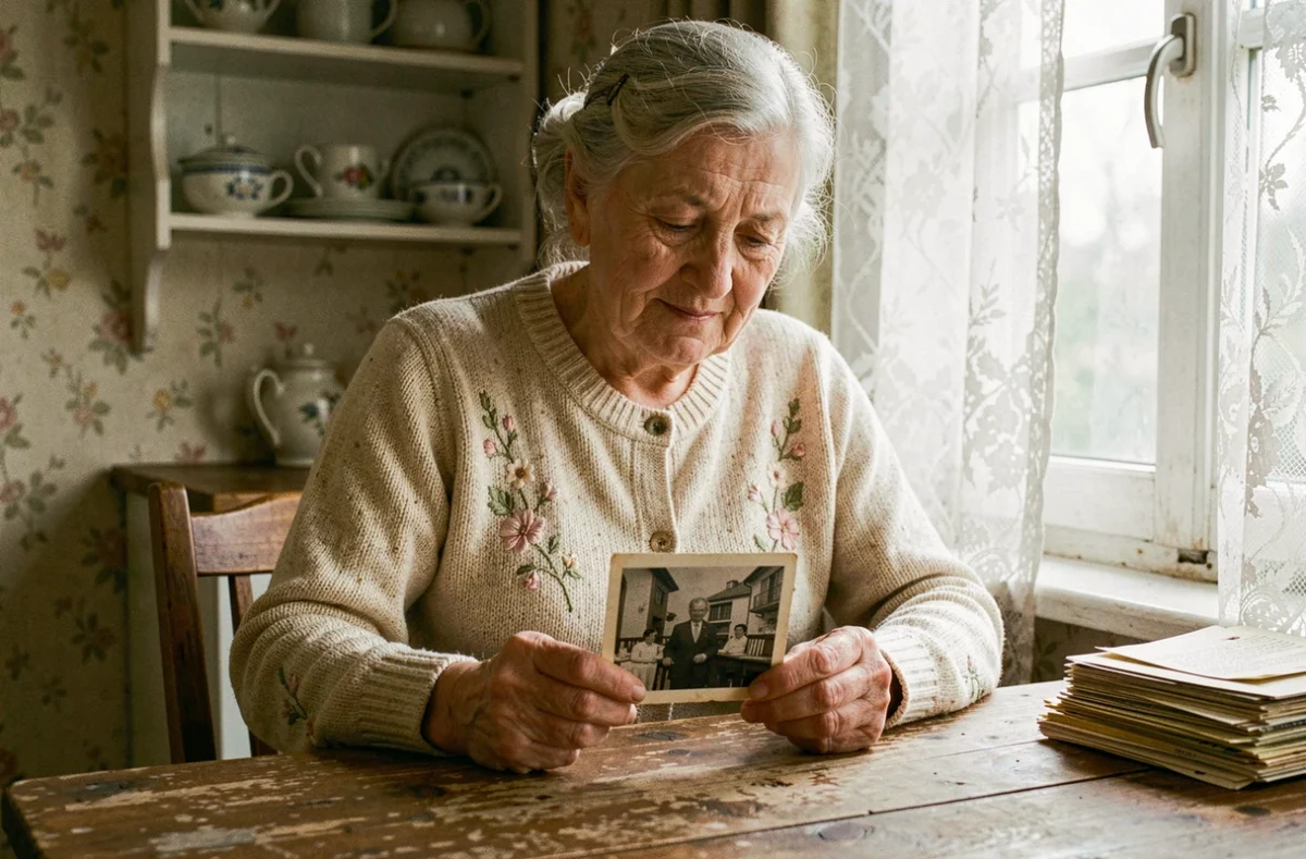 Une grand-mère âgée tenant une vieille photographie en noir et blanc dans une cuisine aux meubles anciens, évoquant la mémoire familiale et les liens entre générations