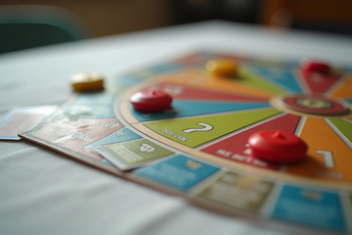 Gros plan sur les cases colorées du plateau de Trivial Pursuit avec les camemberts et des cartes de questions