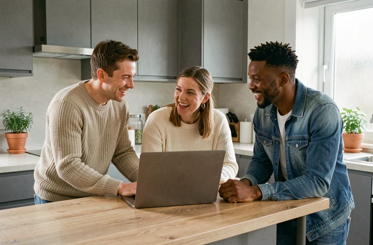 Groupe d'adultes discutant autour d'un ordinateur portable dans une cuisine moderne, évoquant les conversations en ligne sur les personnalités publiques