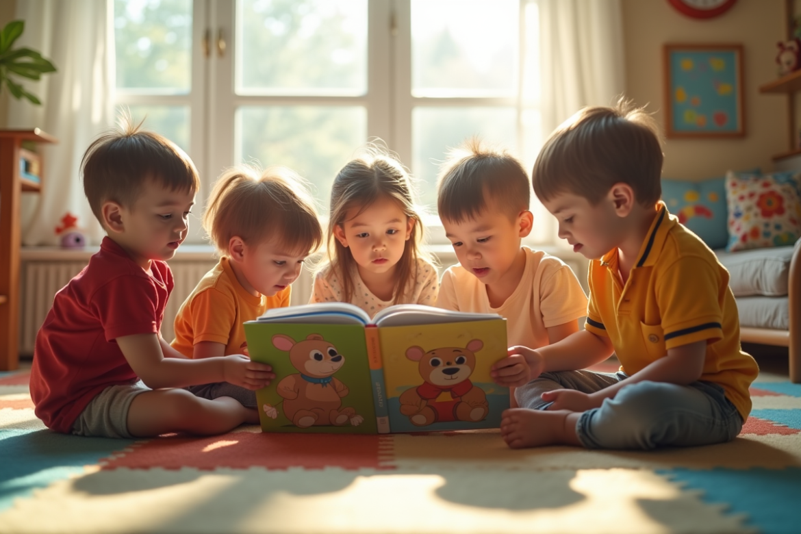 Jeunes enfants lisant un livre avec Noddy dans une salle lumineuse