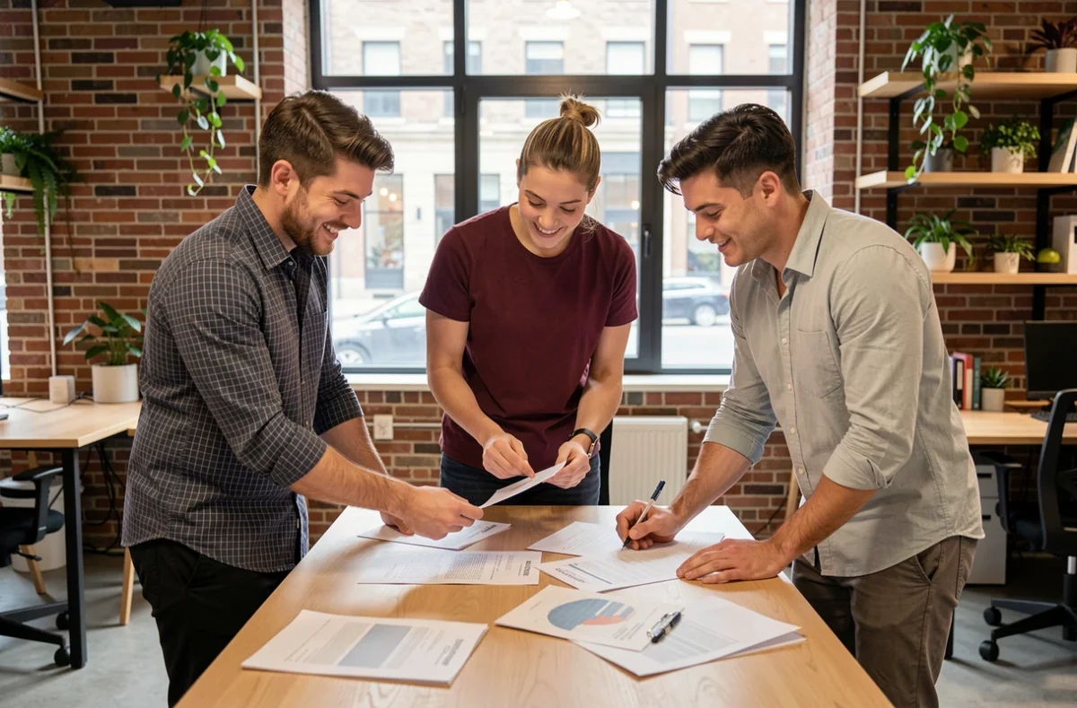 Groupe de jeunes professionnels réunis autour d'une table dans un espace de coworking pour leur rentrée dans un nouvel emploi