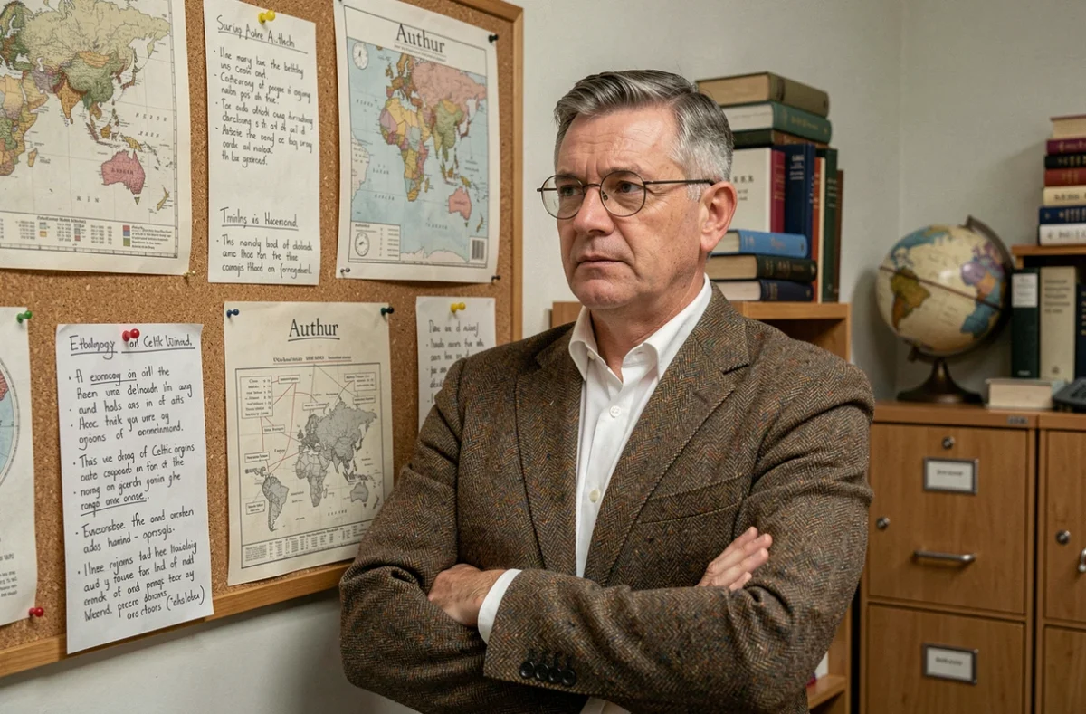 Historien spécialisé en étymologie présentant l'origine celtique et historique du prénom Arthur dans son bureau universitaire