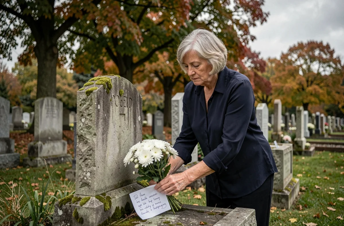Femme déposant des fleurs blanches et un message écrit sur une tombe en mémoire de sa tante