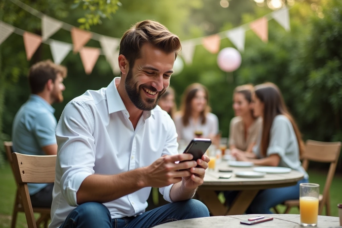 Homme célébrant ses 40 ans dans un jardin avec amis