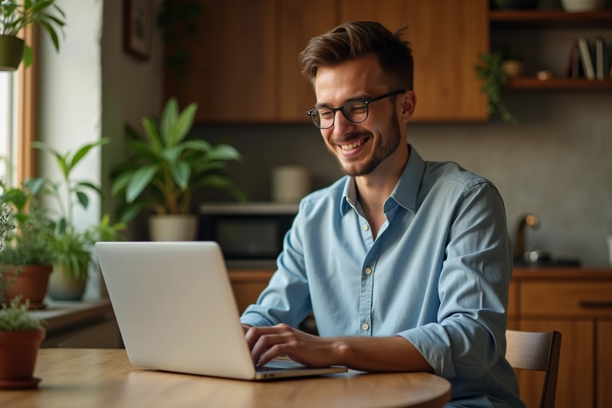 Jeune homme utilisant un ordinateur dans une cuisine chaleureuse