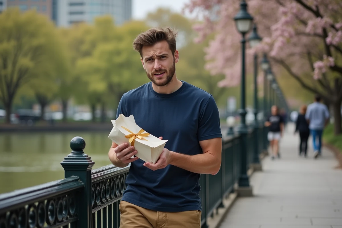 Homme riant avec cadeau dans un parc urbain