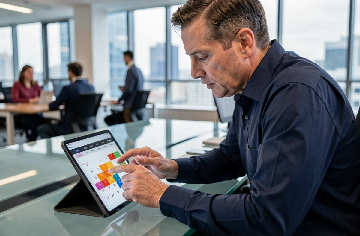 Homme consultant un calendrier numérique avec les numéros de semaines paires et impaires sur une tablette au bureau