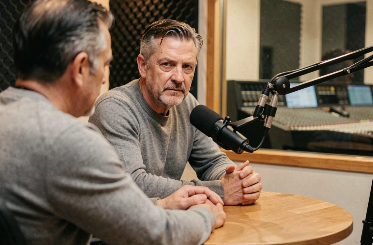 Homme interviewé dans un studio de radio ou podcast évoquant sa femme et sa vie personnelle avec sincérité