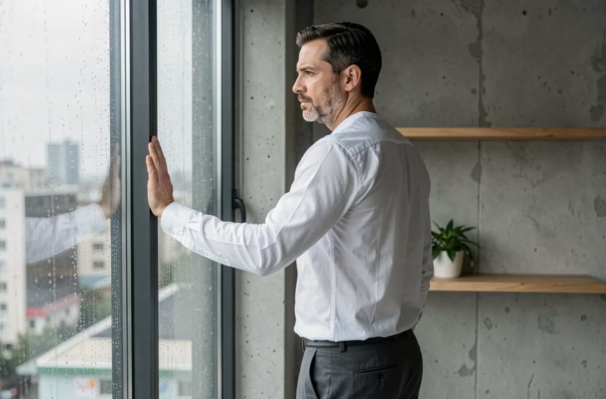 Homme adulte debout devant une fenêtre pluvieuse dans un appartement minimaliste, symbolisant l'isolement émotionnel et la protection de soi après un rejet familial