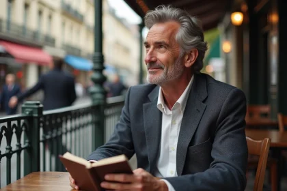 Homme parisien en blazer assis au café avec carnet