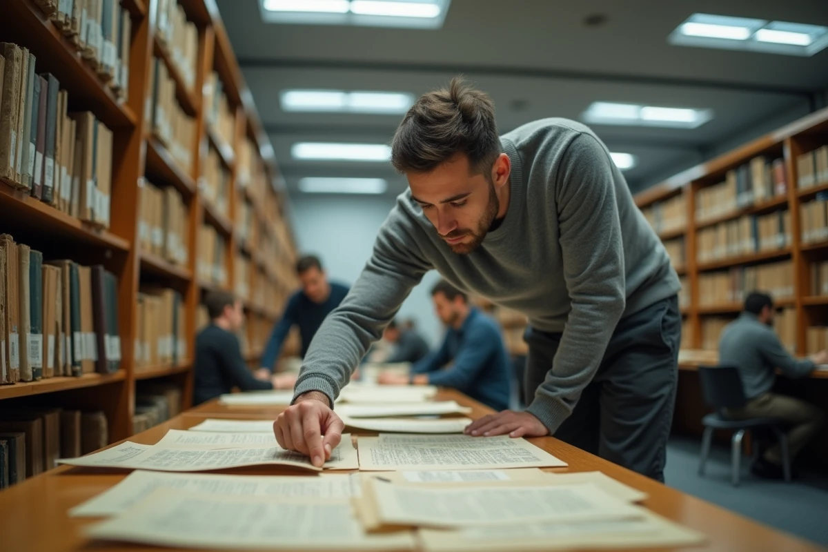 Homme consultant des documents d'archives dans une salle de lecture officielle avec des rayonnages d'archivage en arrière-plan