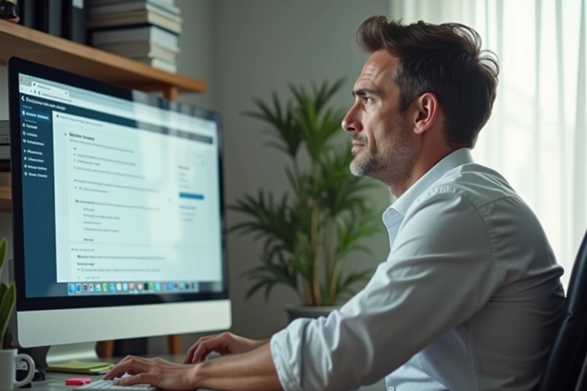 Homme naviguant sur le site de la CAF depuis son bureau à domicile pour une nouvelle aide 2026