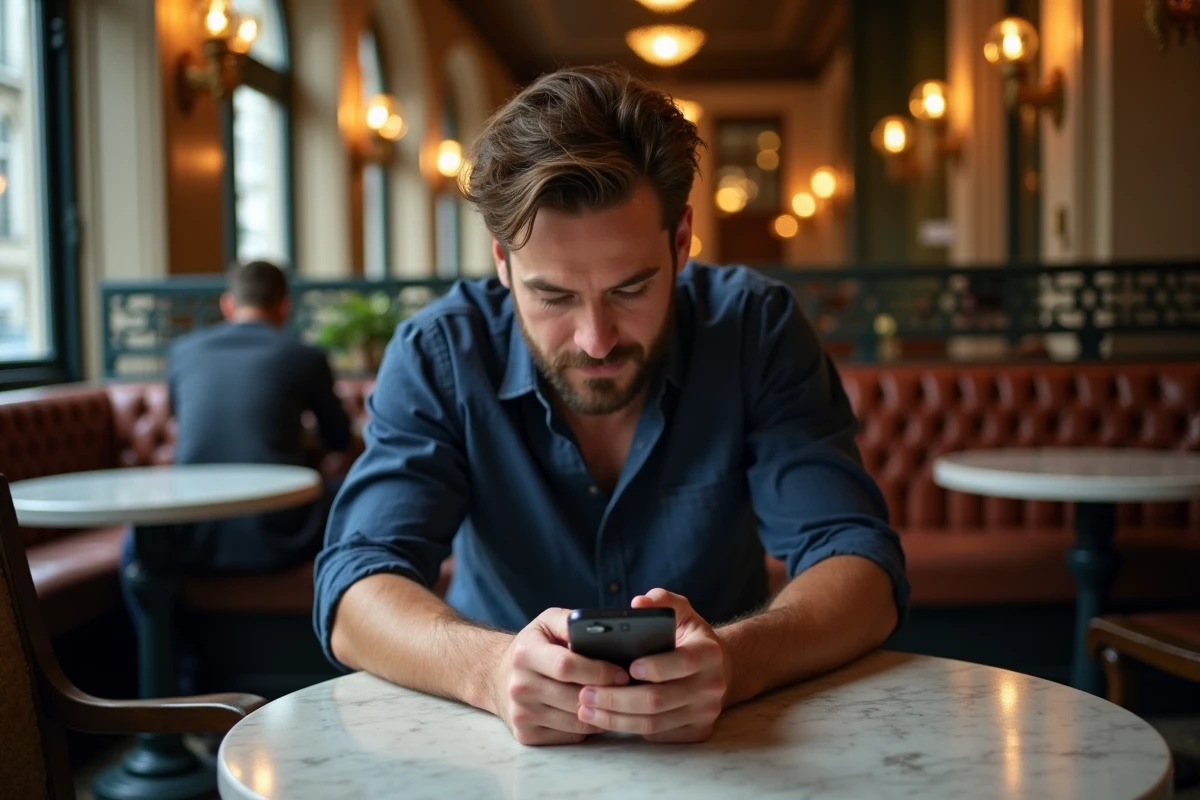 Homme consultant un article de presse sur Diane Wildenstein sur son smartphone dans un café parisien