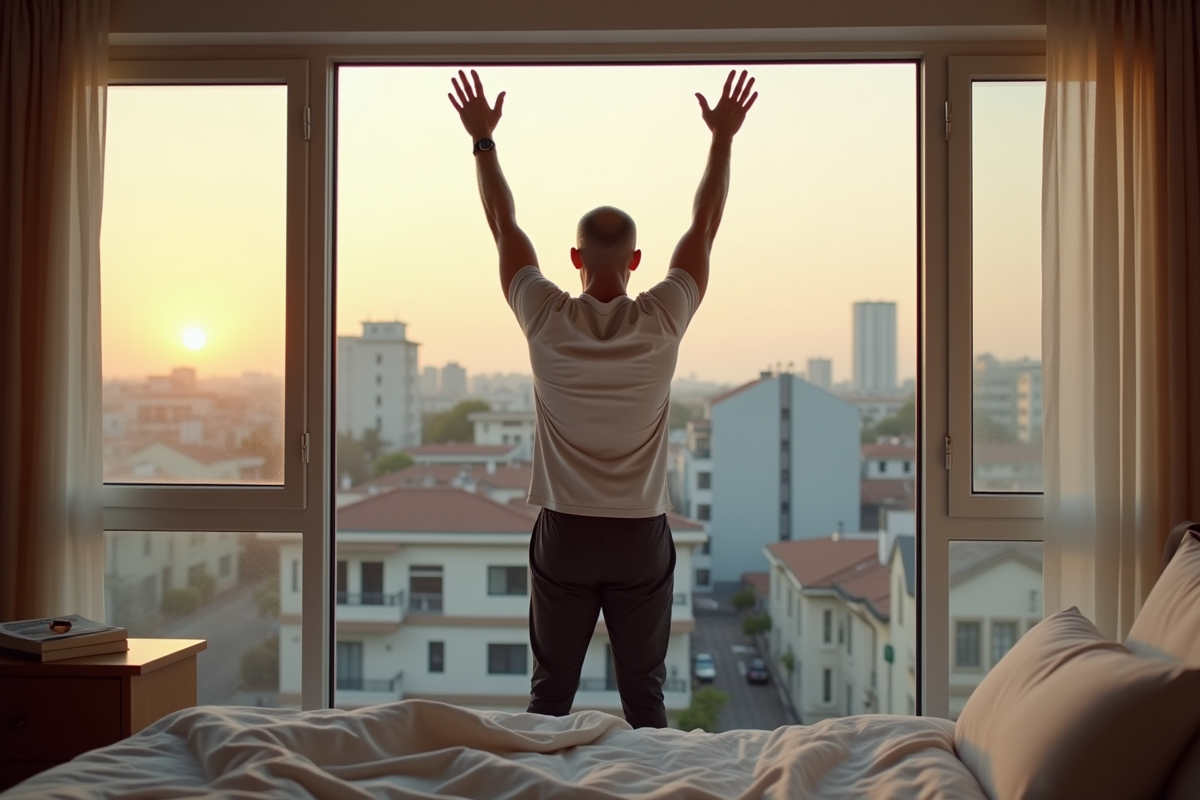 Homme en sport s’étirant près de la fenêtre urbaine