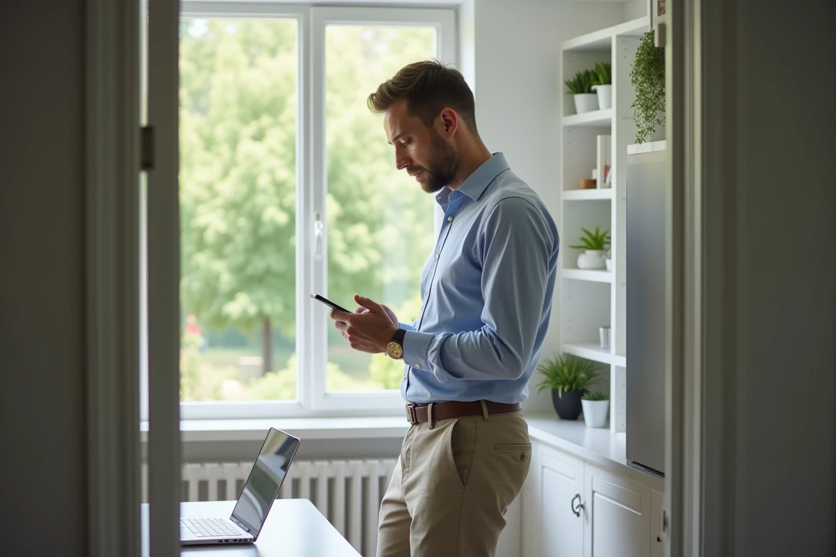 Homme d age moyen utilisant son téléphone dans un bureau moderne