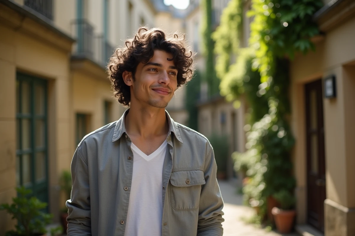 Hugo Antakis, fils de Marie-Ange Nardi, dans une cour parisienne ensoleillée