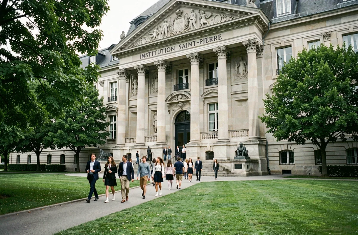 Façade néoclassique de l'Institution Saint-Pierre avec des élèves sur l'allée d'entrée arborée