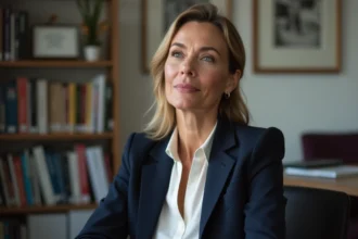 Journaliste française en entretien dans un bureau éditorial, portant un blazer marine et une blouse blanche, regard confiant et expressif