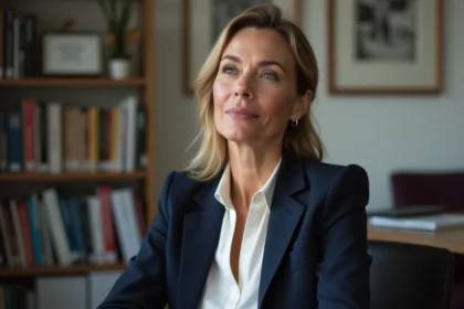 Journaliste française en entretien dans un bureau éditorial, portant un blazer marine et une blouse blanche, regard confiant et expressif