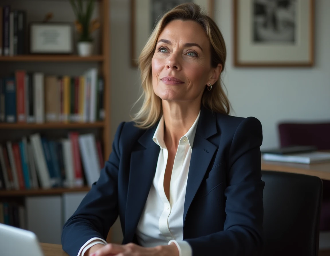 Journaliste française en entretien dans un bureau éditorial, portant un blazer marine et une blouse blanche, regard confiant et expressif