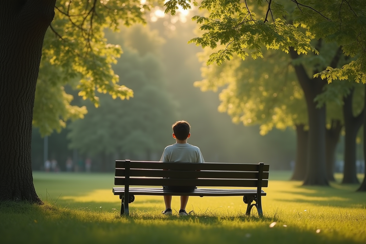 Jeune adulte assis seul sur un banc dans un parc ensoleille