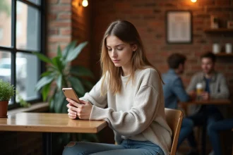 Jeune femme assise au café regardant son smartphone