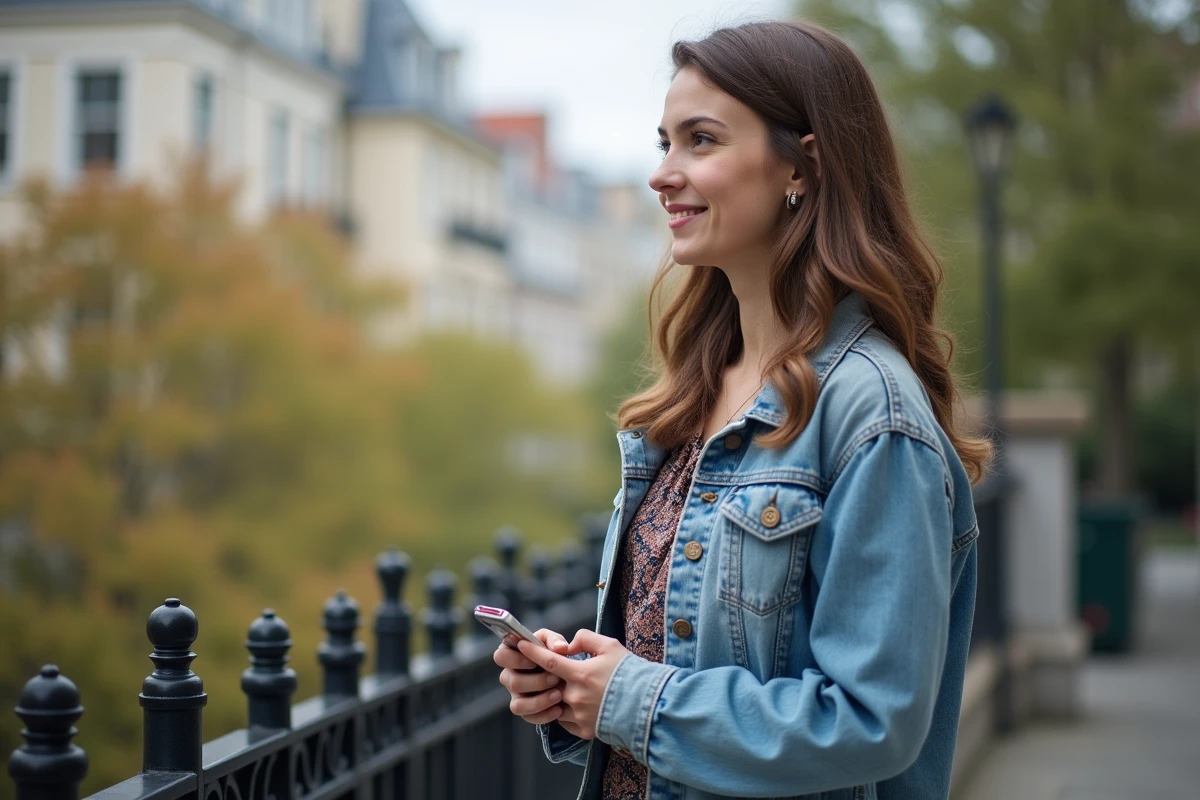 Jeune femme en denim sur une terrasse urbaine