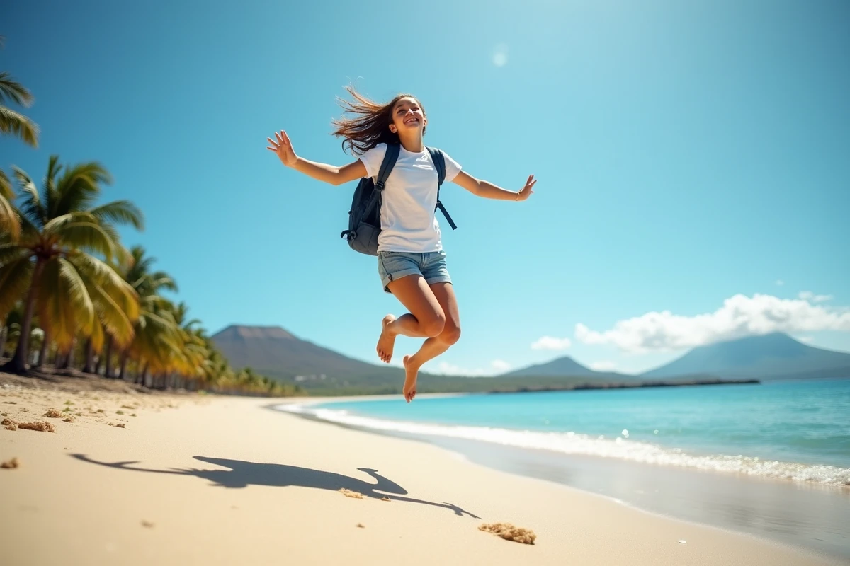 Jeune fille sautant sur la plage de Reunion