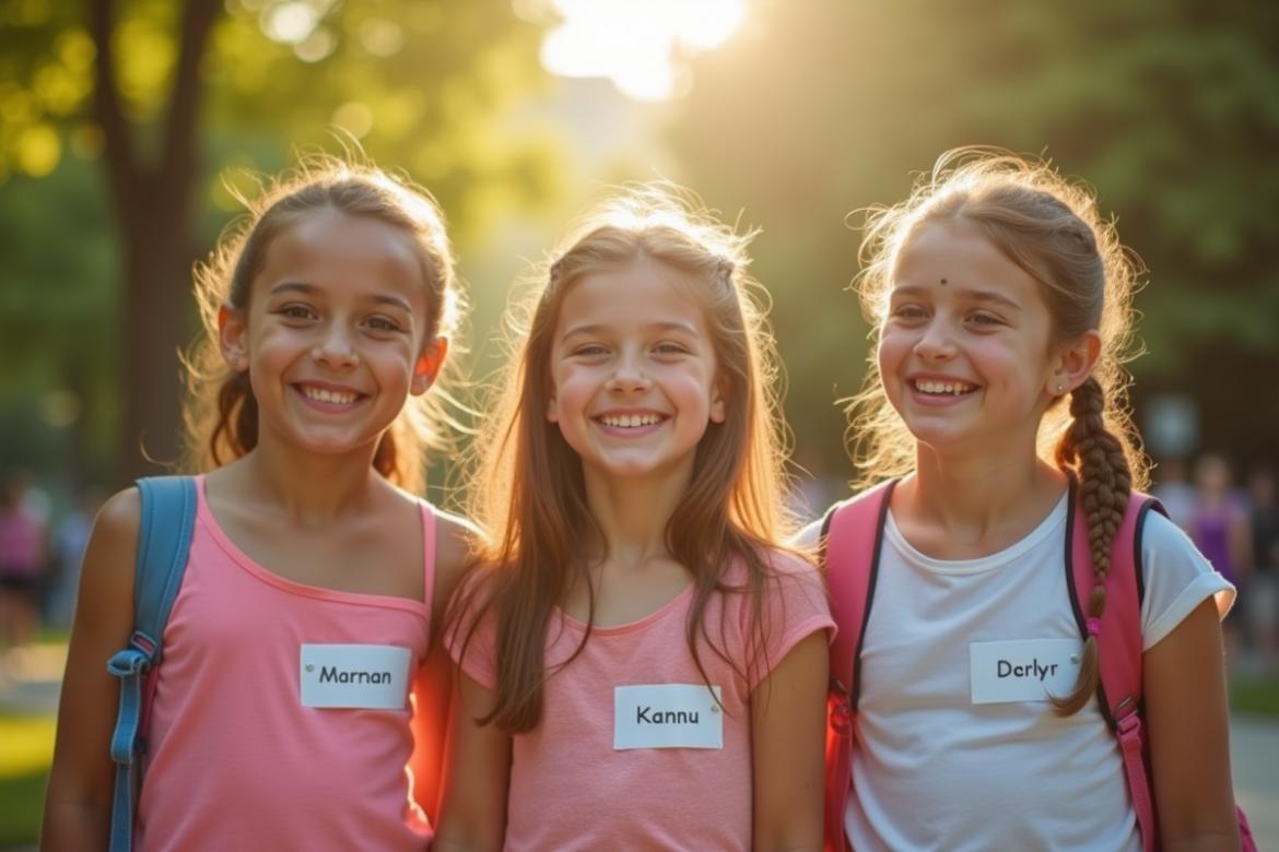 Jeunes filles souriantes dans un parc ensoleille avec noms K