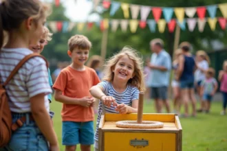 Enfants jouant au lancer d'anneaux lors d'une kermesse scolaire en plein air avec des décorations colorées