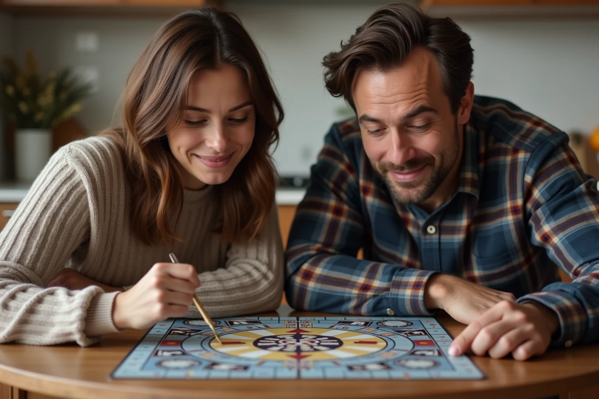 Deux adultes jouant à Trivial Pursuit autour d'une table de cuisine en examinant les cases du plateau