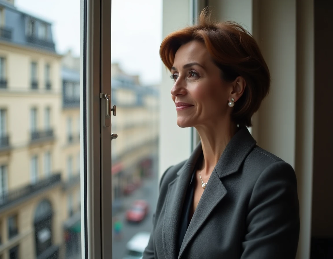 Femme journaliste debout près d'une fenêtre parisienne, veste grise structurée, regard pensif et posture professionnelle assurée