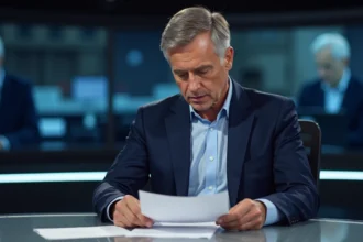 Journaliste de télévision professionnel assis à un bureau de studio regardant ses notes avec une expression concentrée