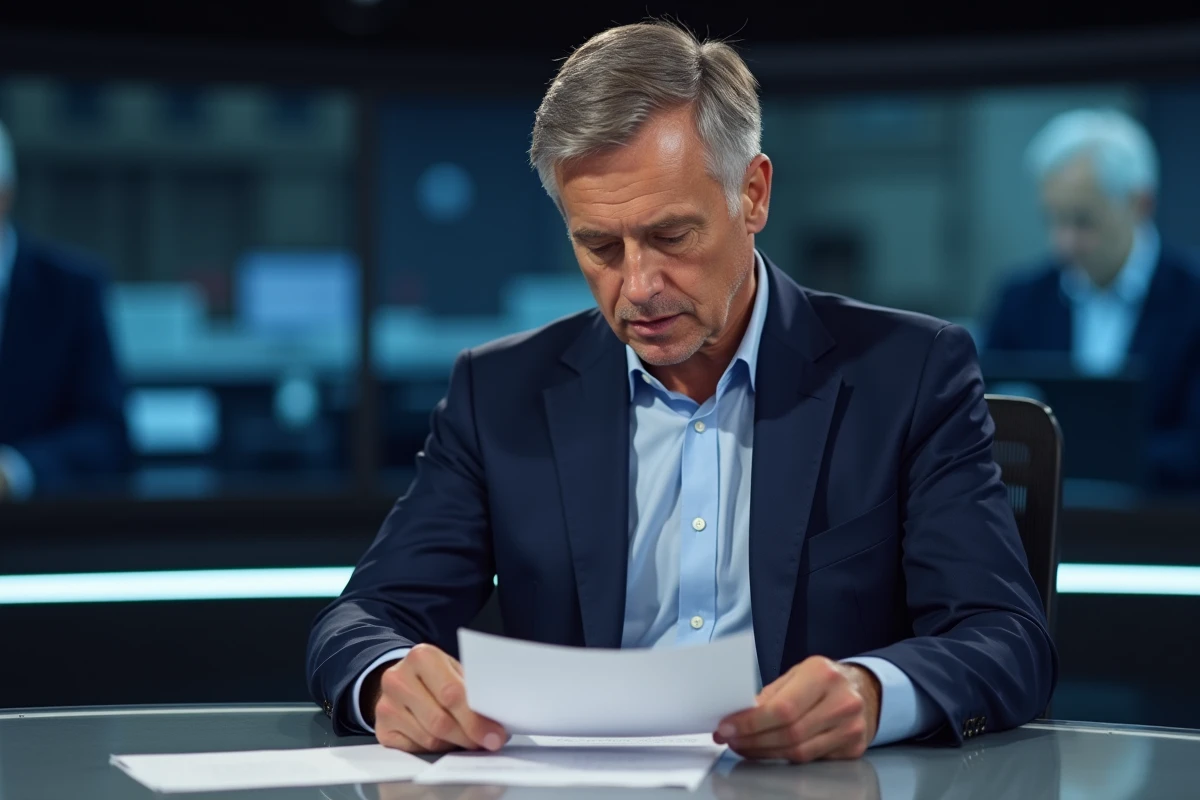 Journaliste de télévision professionnel assis à un bureau de studio regardant ses notes avec une expression concentrée