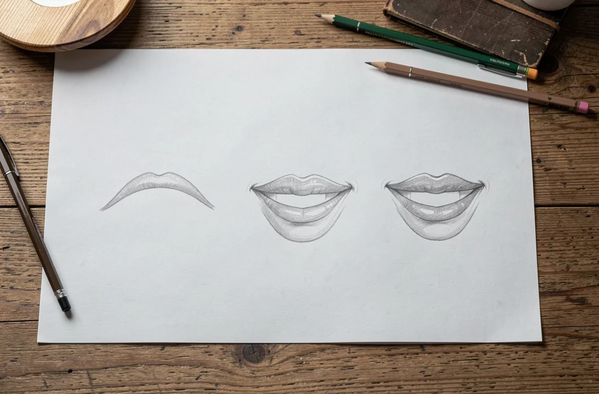 Les étapes successives du dessin d'une bouche souriante au crayon