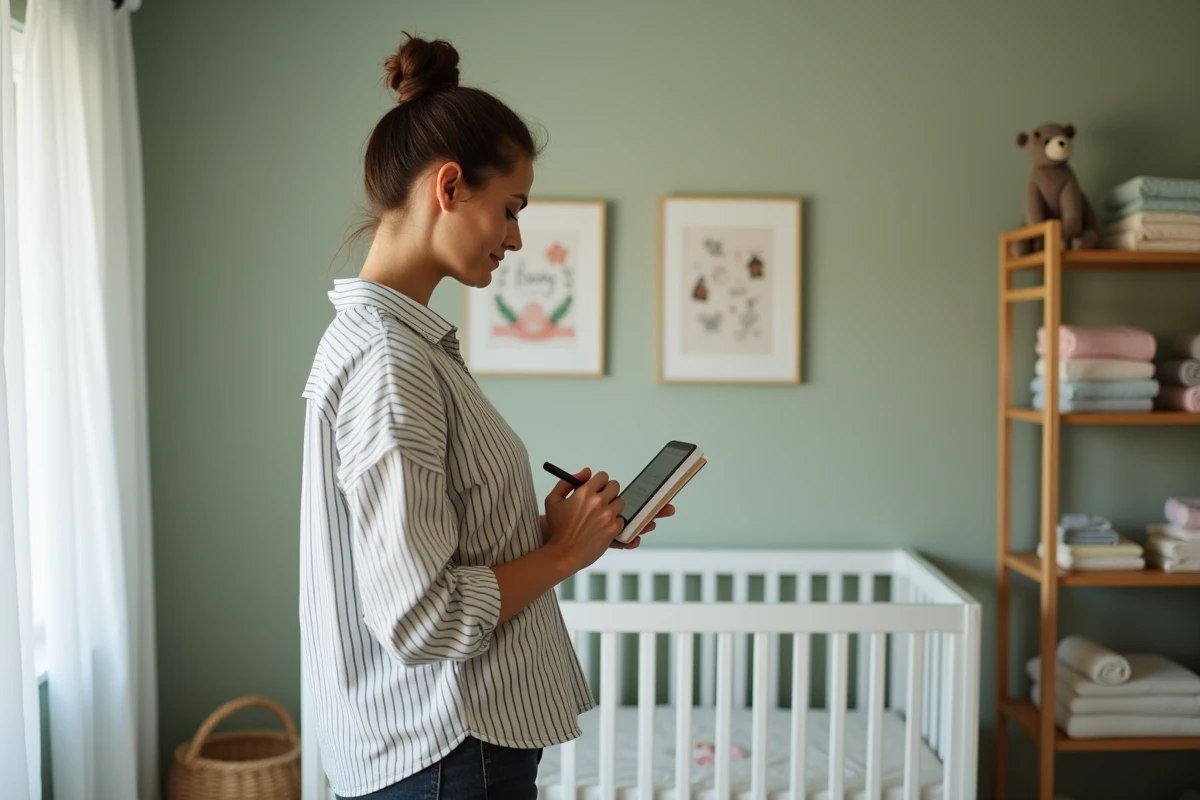Femme préparant sa liste de naissance dans une chambre de bébé décorée avec soin
