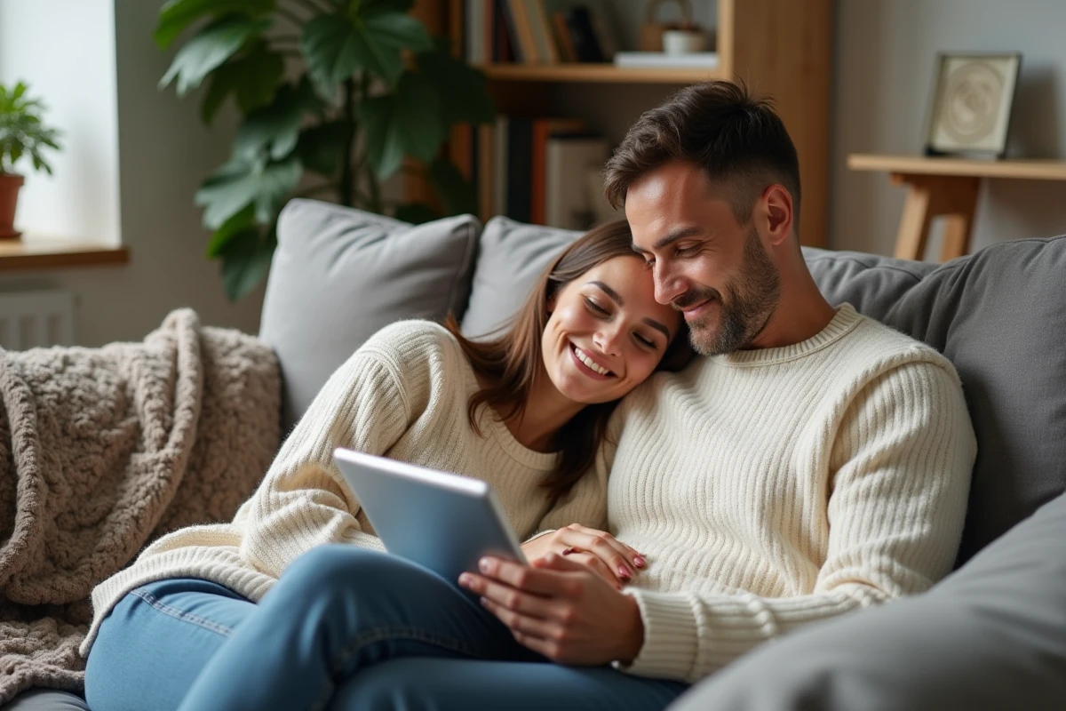 Couple parcourant ensemble une liste de naissance sur tablette dans leur salon cosy