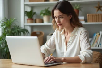 Jeune femme consultant une liste de naissance en ligne sur son ordinateur portable dans un bureau scandinave