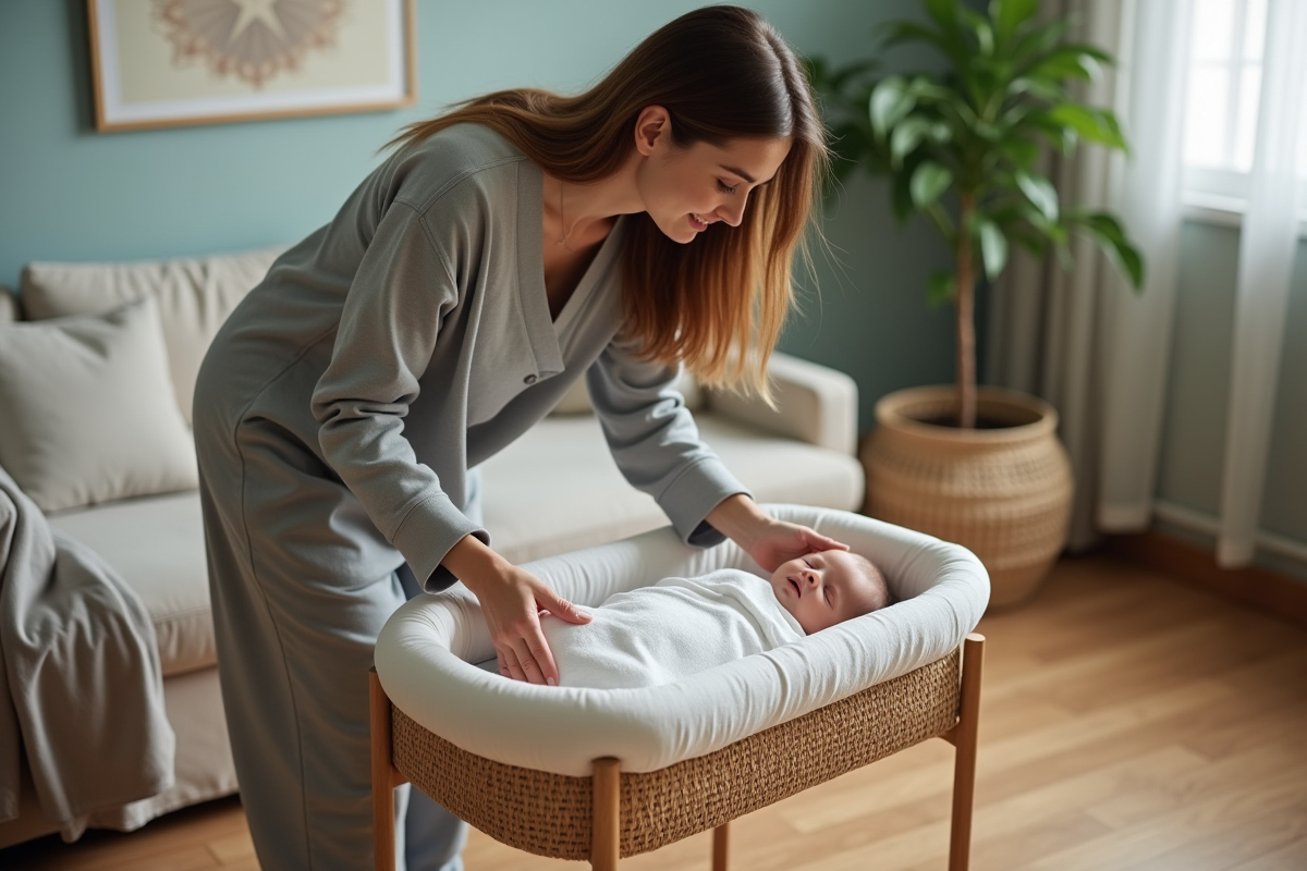 Maman placant son bébé dans un berceau en osier dans un salon chaleureux
