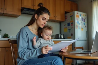 Maman avec bébé dans une cuisine modeste et chaleureuse