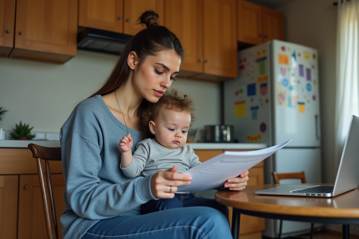 Maman avec bébé dans une cuisine modeste et chaleureuse