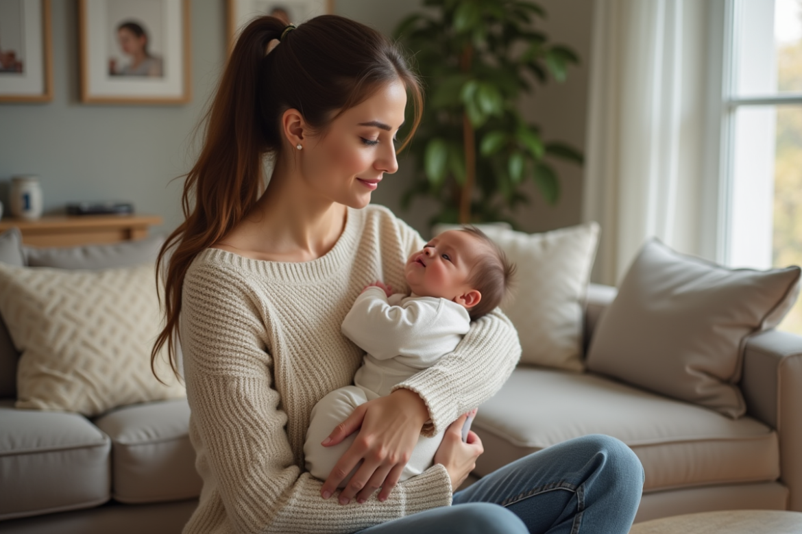 Jeune maman berçant son bébé à la maison dans un cadre chaleureux