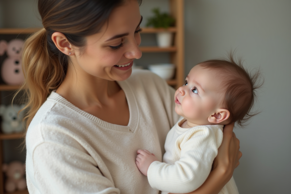 Maman souriante avec sa bébé fille dans un salon chaleureux