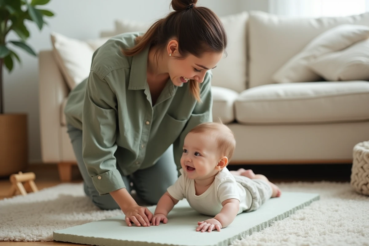 Maman soutenant son bébé en position ventre à terre sur un tapis de jeu moelleux dans un salon cosy, favorisant le développement moteur naturel