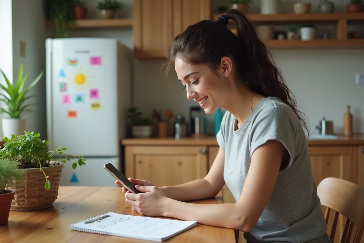 Jeune mère souriante à la table de cuisine avec son smartphone et un carnet